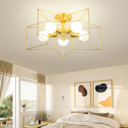 Industrial Style Metal Star Cage Flush Mount in Gold - Bedroom Ceiling Lighting