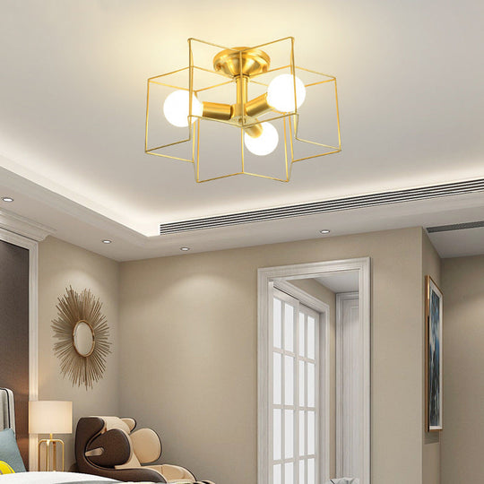 Industrial Style Metal Star Cage Flush Mount in Gold - Bedroom Ceiling Lighting