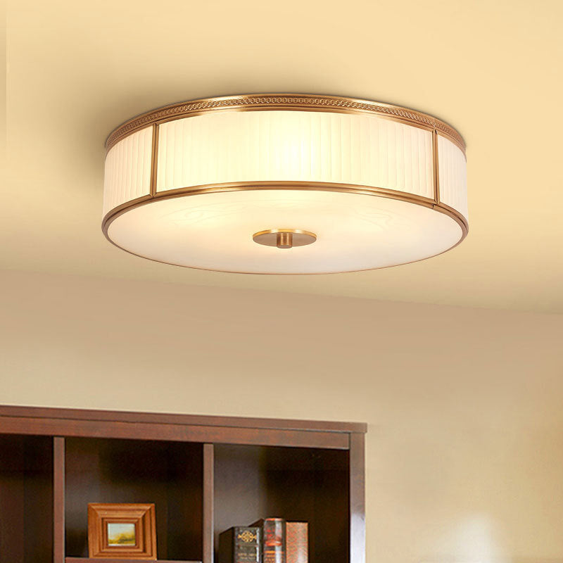 Vintage Cream Glass Flush Mount Ceiling Light with Drum Shape - Gold Accent for Living Room