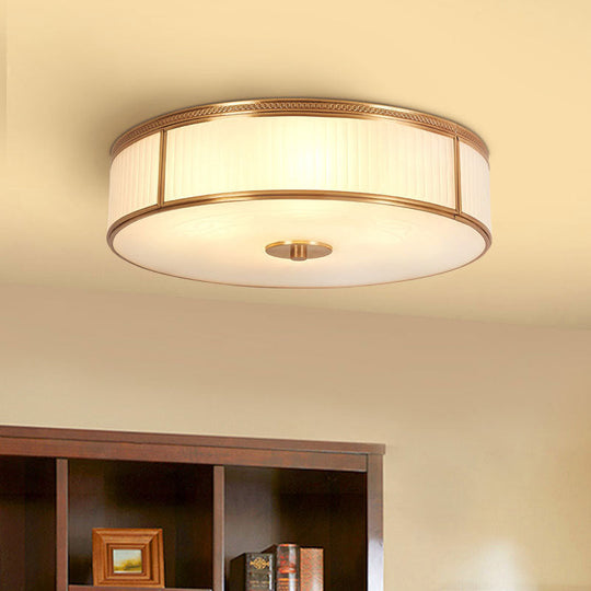 Vintage Cream Glass Flush Mount Ceiling Light With Drum Shape - Gold Accent For Living Room 3 /