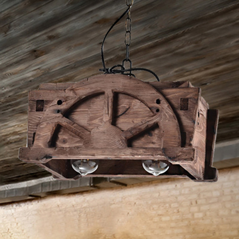 Lustre suspendu moderne en bois et verre avec 2 lumières - Luminaire rectangulaire marron de style loft