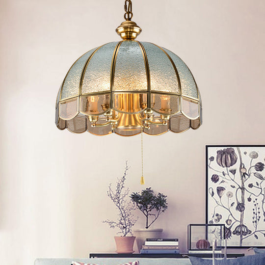 Vintage Gold Glass Pendant Light With Pull Chain For Study Rooms - Hemisphere Chandelier Scalloped