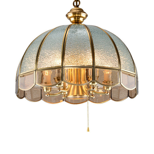 Vintage Gold Glass Pendant Light With Pull Chain For Study Rooms - Hemisphere Chandelier Scalloped