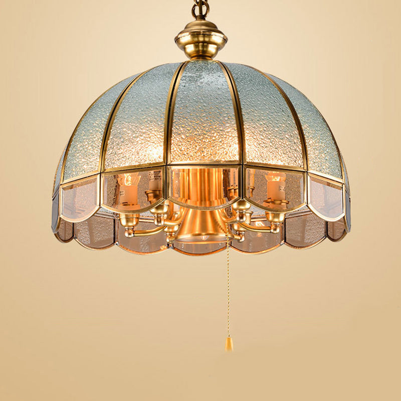 Vintage Gold Glass Pendant Light With Pull Chain For Study Rooms - Hemisphere Chandelier Scalloped