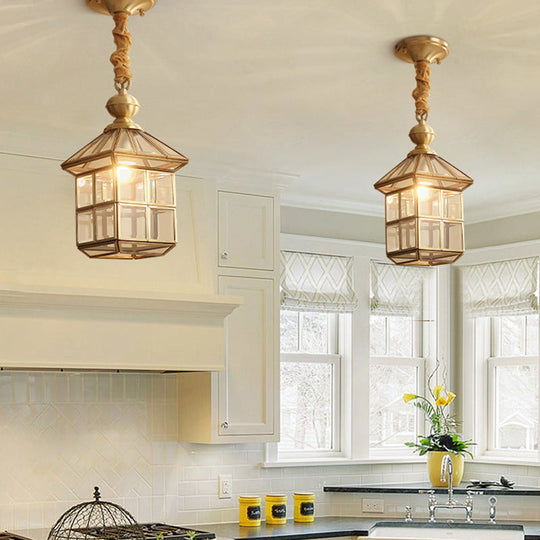 Gold House Shaped Glass Pendant Light For Corridor