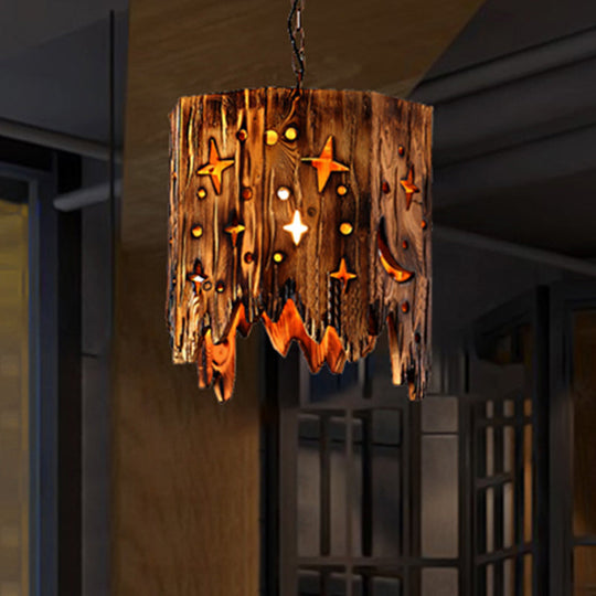 Vintage Wood Pendant Light With Etched Star Suspended Ceiling Fixture Bronze Finish Brown