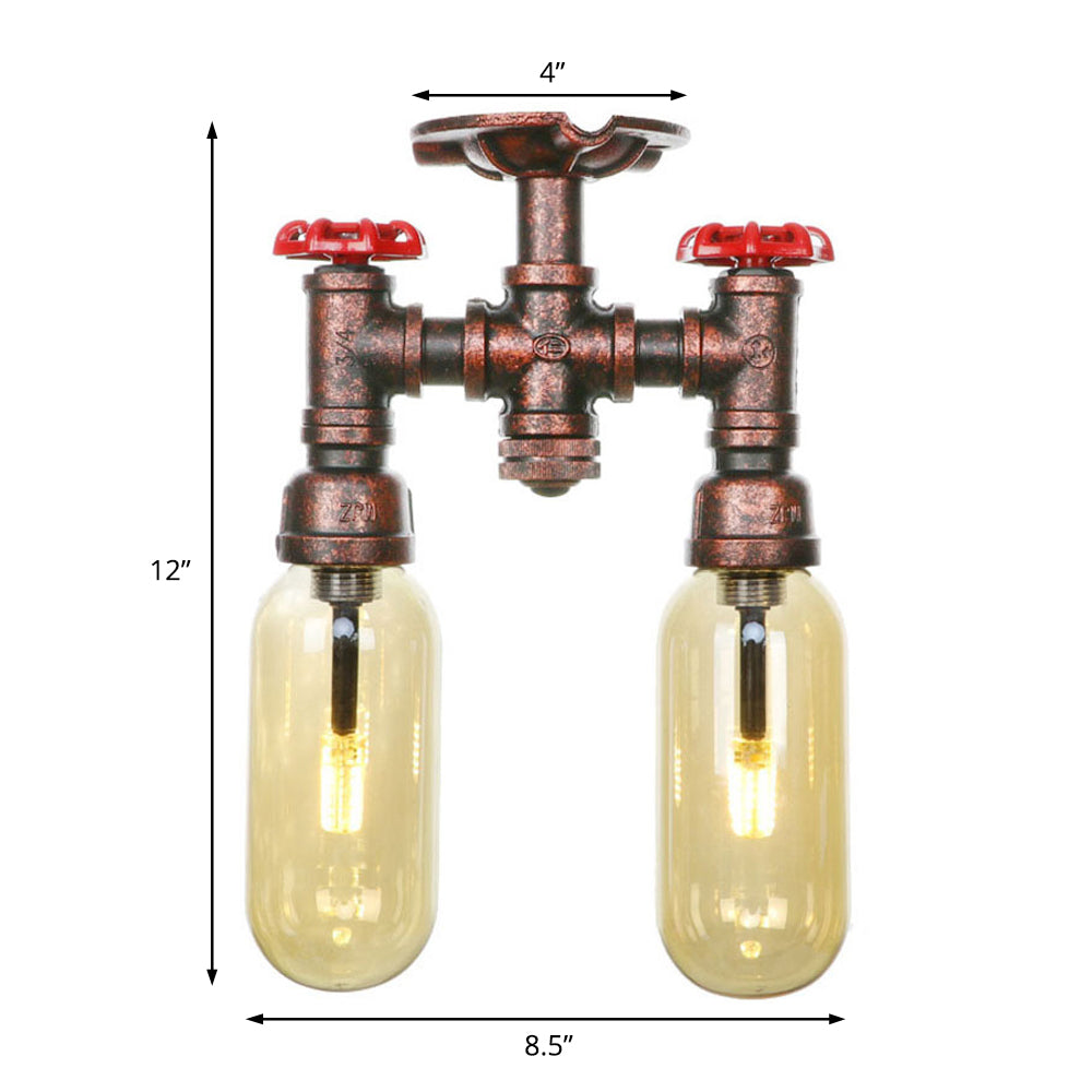 Amber Glass Semi Flush Industrial Dining Room Light Fixture in Weathered Copper - Capsule Shade, 2-Bulb