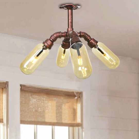 Evelyn's Antique Copper 4/6 Lights Ceiling Mount Rustic Style Amber Glass Sputnik Semi Flush Light.