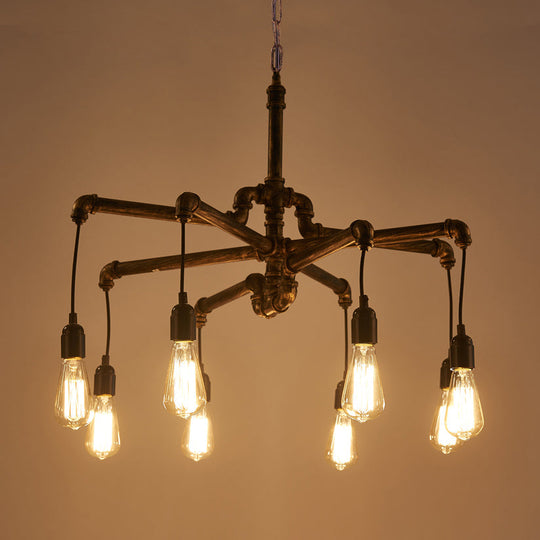 Lustre rustique en forme de tuyau en argent/bronze vieilli avec ampoule exposée - Lampe suspendue d'intérieur à 6/8 têtes