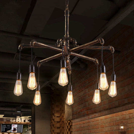 Lustre rustique en forme de tuyau en argent/bronze vieilli avec ampoule exposée - Lampe suspendue d'intérieur à 6/8 têtes