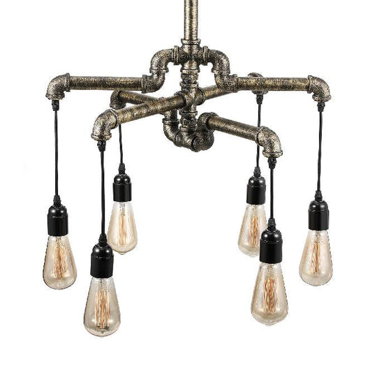 Lustre rustique en forme de tuyau en argent/bronze vieilli avec ampoule exposée - Lampe suspendue d'intérieur à 6/8 têtes