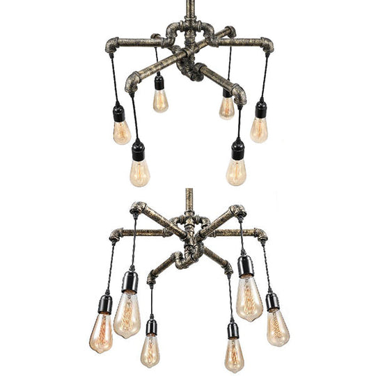 Lustre rustique en forme de tuyau en argent/bronze vieilli avec ampoule exposée - Lampe suspendue d'intérieur à 6/8 têtes