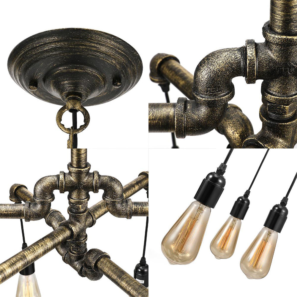Lustre rustique en forme de tuyau en argent/bronze vieilli avec ampoule exposée - Lampe suspendue d'intérieur à 6/8 têtes
