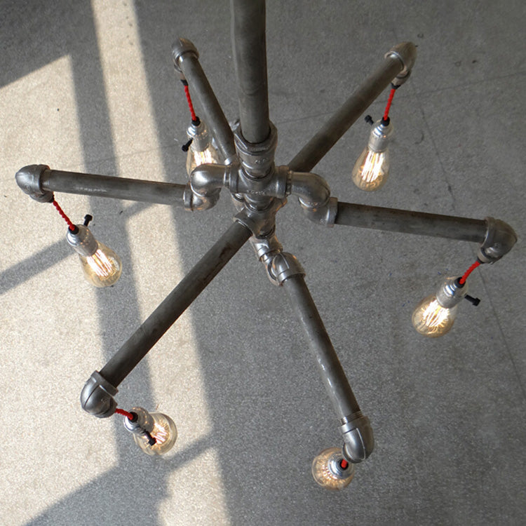 Lustre rustique en forme de tuyau en argent/bronze vieilli avec ampoule exposée - Lampe suspendue d'intérieur à 6/8 têtes