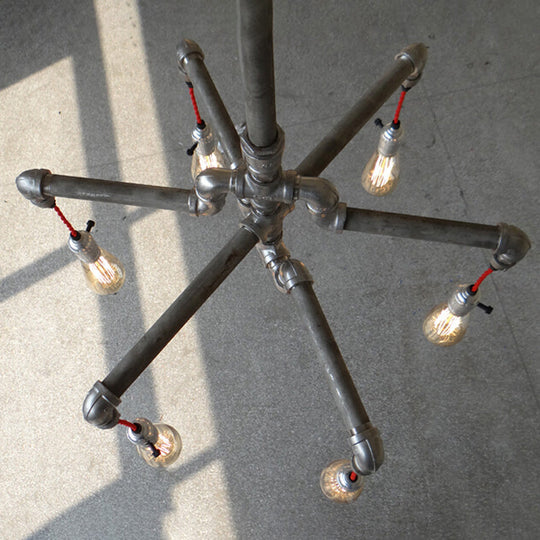 Lustre rustique en forme de tuyau en argent/bronze vieilli avec ampoule exposée - Lampe suspendue d'intérieur à 6/8 têtes