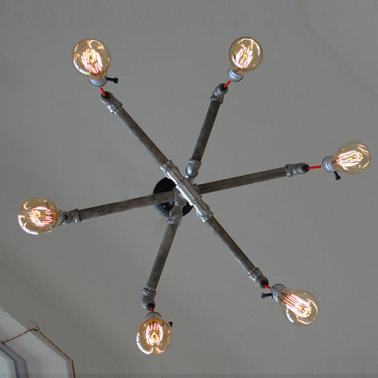 Lustre rustique en forme de tuyau en argent/bronze vieilli avec ampoule exposée - Lampe suspendue d'intérieur à 6/8 têtes