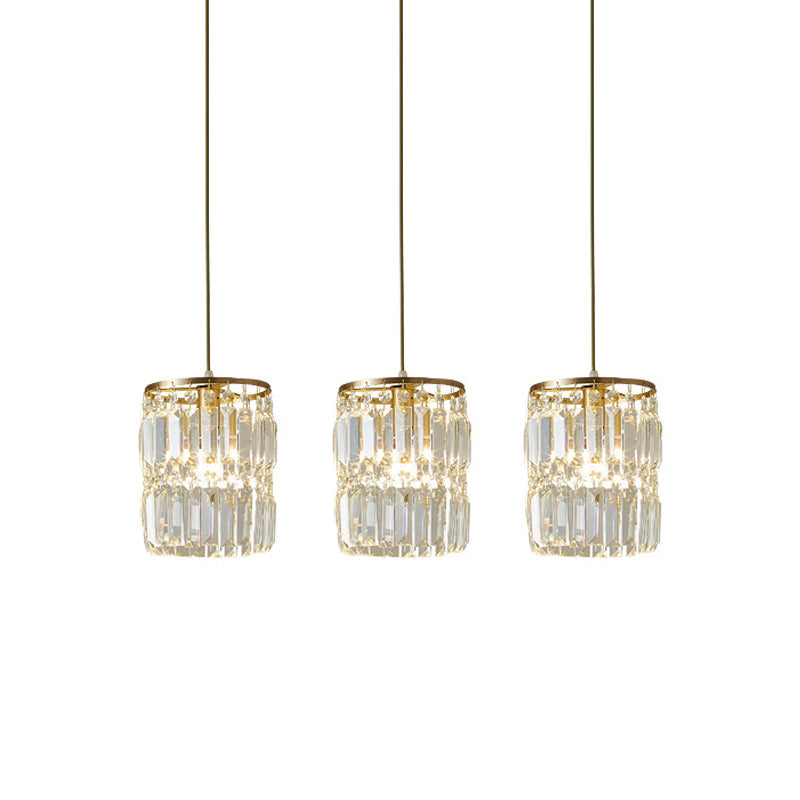 Modern Multi-Pendant Brass Ceiling Light With Crystal Prism Cylinders