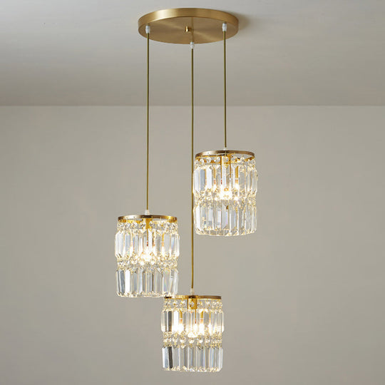 Modern Brass Pendant Ceiling Light with Crystal Prism Cylindrical Design – 3 Heads, Round/Linear Canopy