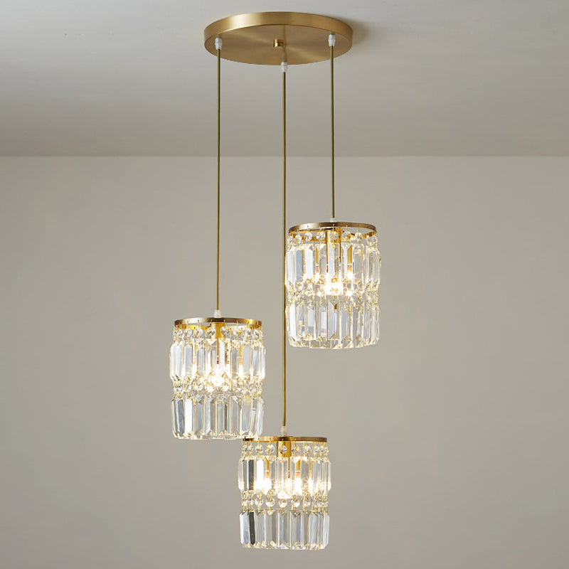 Modern Multi-Pendant Brass Ceiling Light With Crystal Prism Cylinders