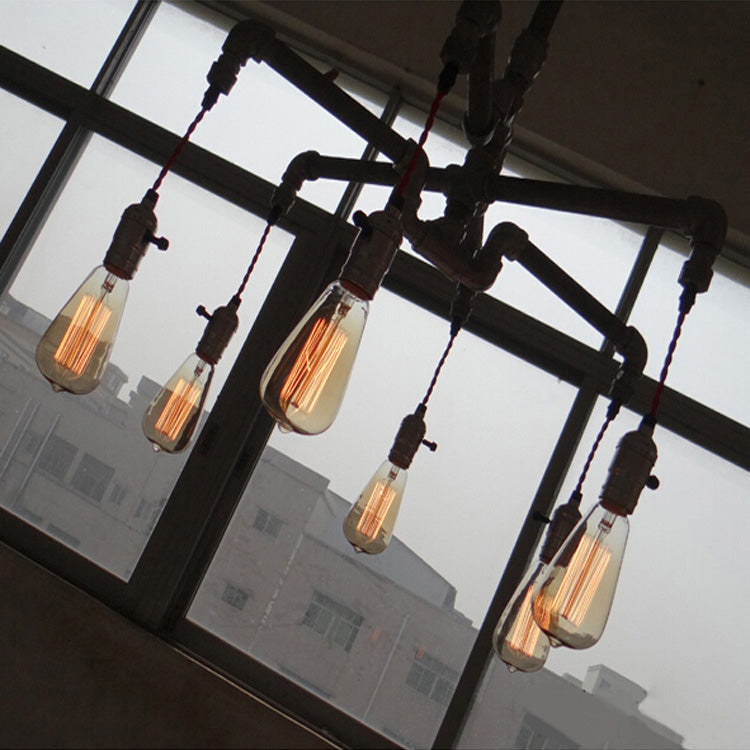 Lustre rustique en forme de tuyau en argent/bronze vieilli avec ampoule exposée - Lampe suspendue d'intérieur à 6/8 têtes