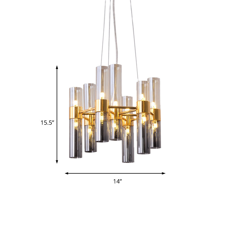 Modern Gold Pipe Chandelier With Smoke Glass Shades - 14/24/26 Lights Pendant For Bedroom
