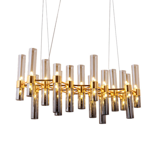 Modern Gold Pipe Chandelier With Smoke Glass Shades - 14/24/26 Lights Pendant For Bedroom