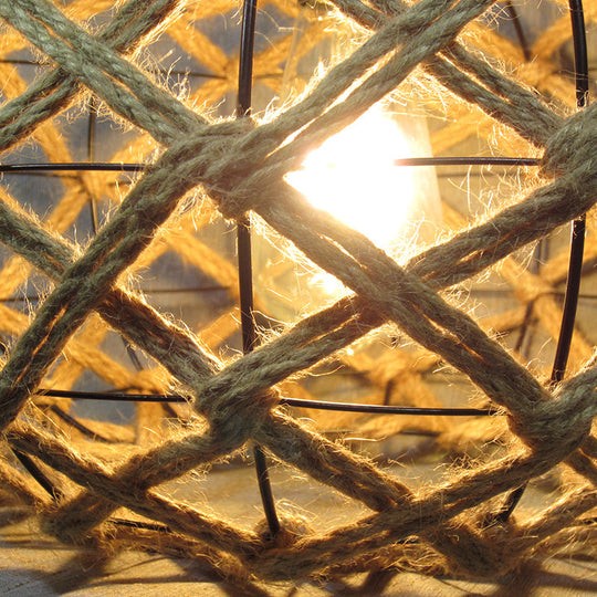 Beige Drum Ceiling Light with Industrial Hemp Rope & Ivy Decor - Single Pendant Light for Restaurants