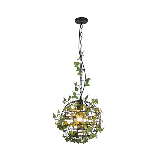 Industrial Hanging Pendant Light With Artificial Plant - Single Iron Globe Ceiling Green