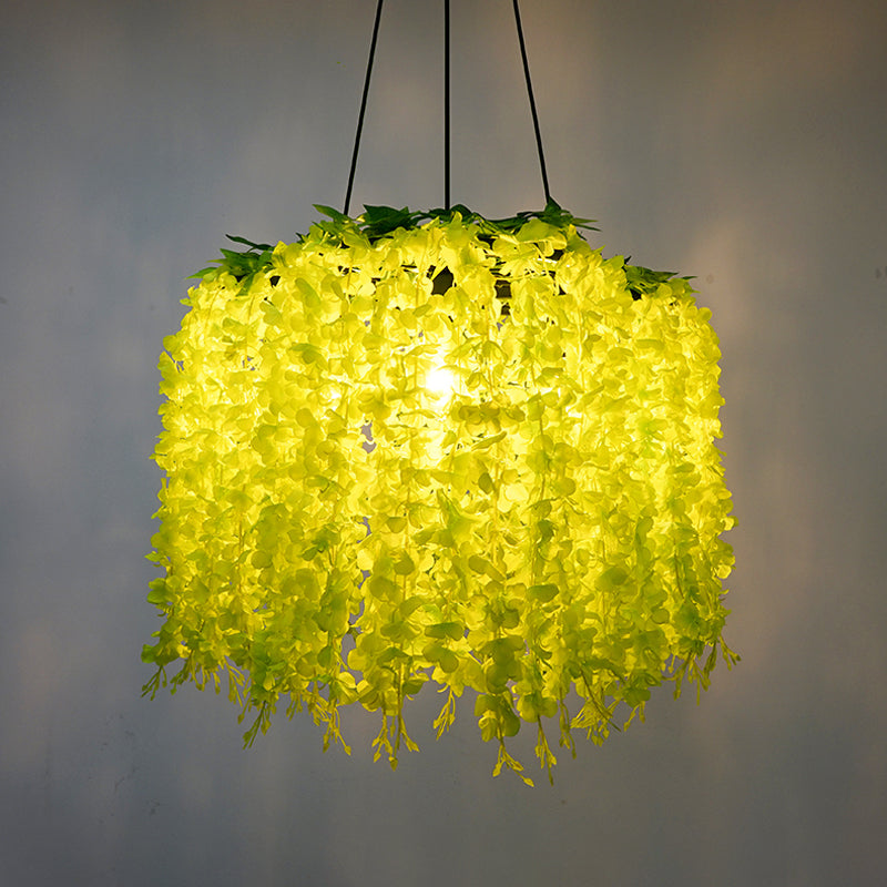 Vintage Wagon Wheel Chandelier Pendant Light With Artificial Flower Vine - Iron Hanging 3 Bulbs