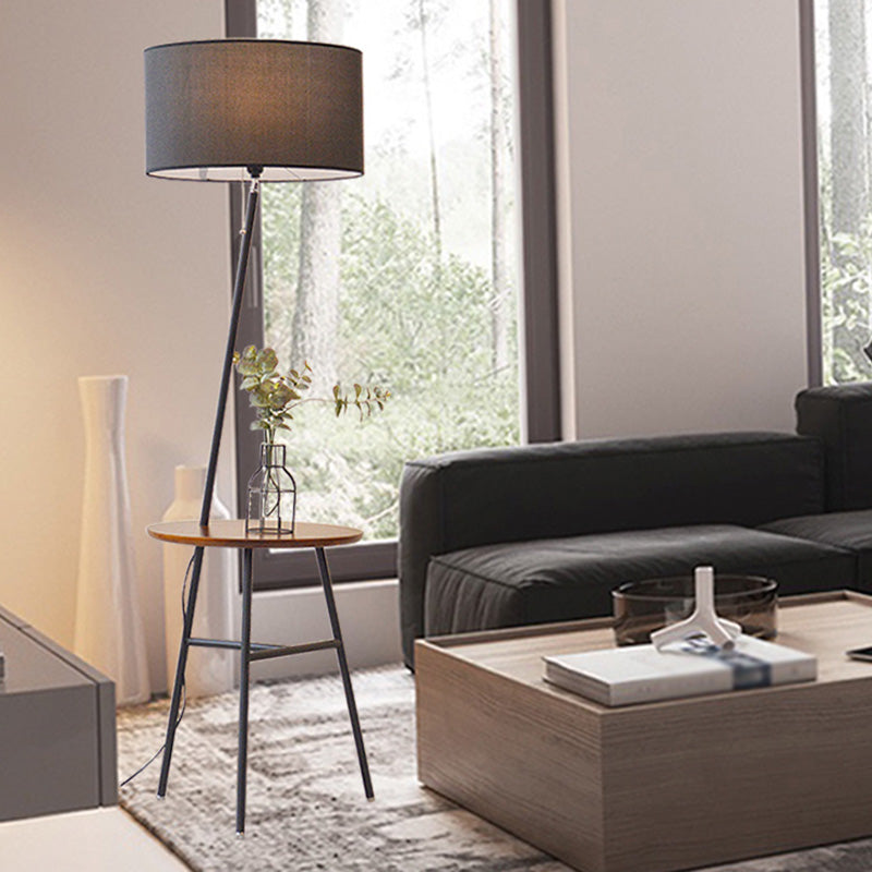 Classic Drum Shaped Fabric Floor Lamp With Tripod Tray - Perfect Living Room Lighting
