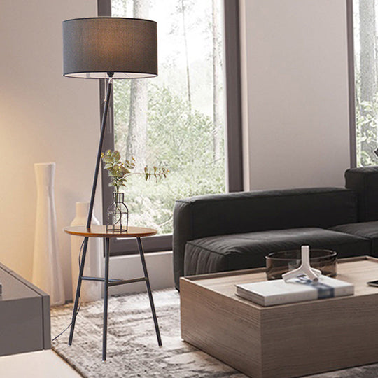 Classic Drum Shaped Fabric Floor Lamp With Tripod Tray - Perfect Living Room Lighting