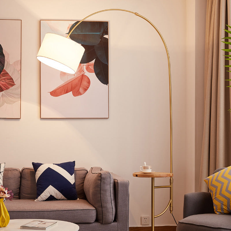 Minimalist Metallic Arched Floor Lamp With Drum Fabric Shade In Gold / B