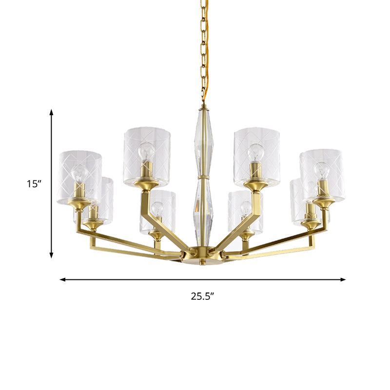 Cylinder Ceiling Chandelier - Clear Glass Traditional Style 6/8 Light Brass Fixture Ideal For Living