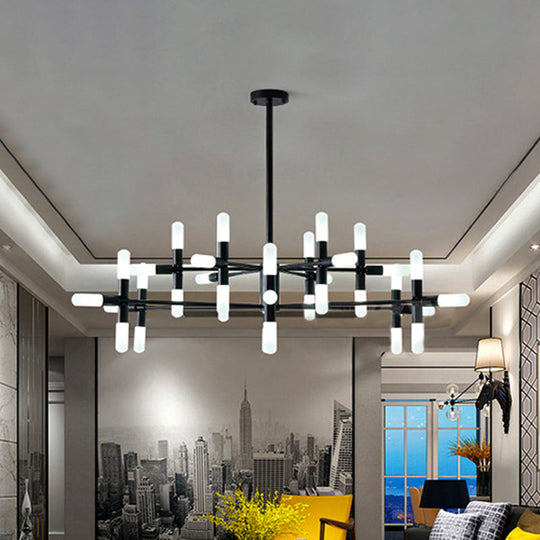 Contemporary Tubular Chandelier: 18/36-Light Black/Gold Metal Hanging Lamp with Starburst Design