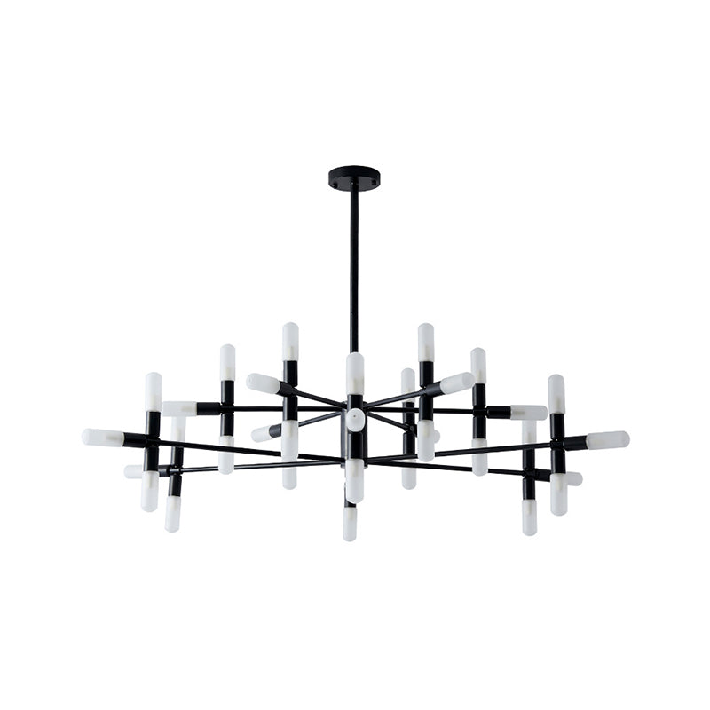 Contemporary Tubular Chandelier: 18/36-Light Black/Gold Metal Hanging Lamp with Starburst Design
