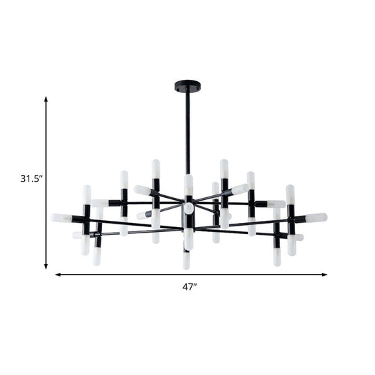 Contemporary Tubular Chandelier: 18/36-Light Black/Gold Metal Hanging Lamp with Starburst Design