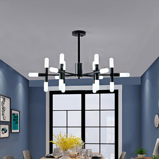Contemporary Tubular Chandelier: 18/36-Light Black/Gold Metal Hanging Lamp with Starburst Design