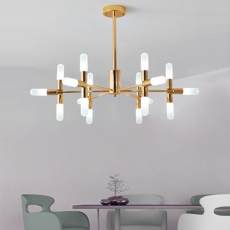 Contemporary Metal Chandelier - 18/36 Light Tubular Hanging Lamp Kit In Black/Gold With Starburst