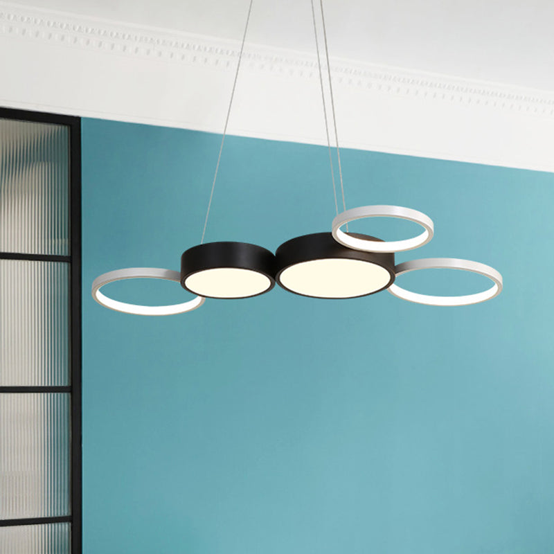 Lustre rond moderne en acrylique noir et blanc - Suspension LED pour salle à manger - Éclairage chaud/blanc