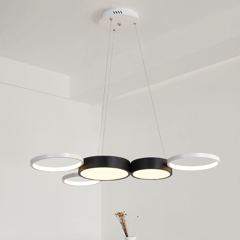 Lustre rond moderne en acrylique noir et blanc - Suspension LED pour salle à manger - Éclairage chaud/blanc