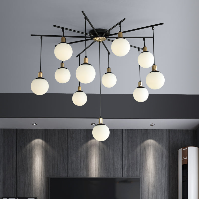 Modern Black Starburst Chandelier with Opal Glass - Elegant Hanging Lamp for Bedroom - 4/7/9 Lights