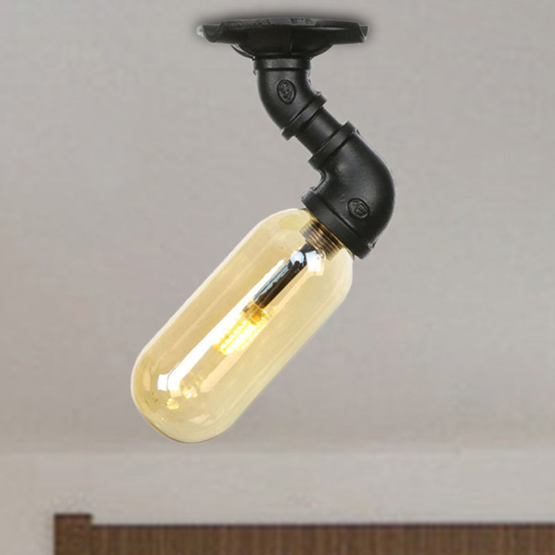 Industrial Amber Glass Semi Flush Mount Light with Pipe Design - Black Capsule Shade, Indoor Ceiling Fixture