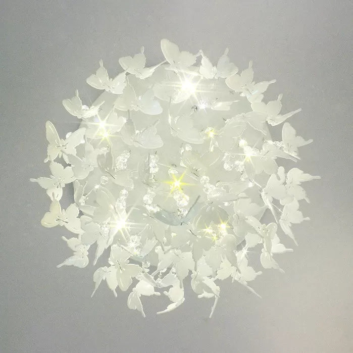 Romantic Butterfly Crystal Flush Ceiling Light for Shop - Round Metal White Ceiling Fixture