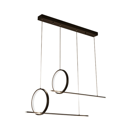 Simple Acrylic Linear and Ring Ceiling Chandelier - Black Hanging Light with Warm/White Glow