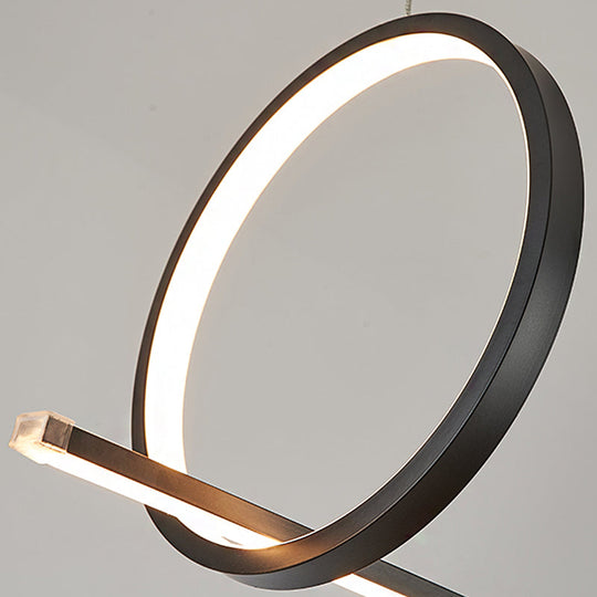 Simple Acrylic Linear and Ring Ceiling Chandelier - Black Hanging Light with Warm/White Glow