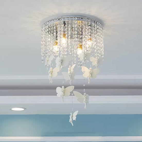 Romantic Butterfly Crystal Flush Ceiling Light for Shop - Round Metal White Ceiling Fixture