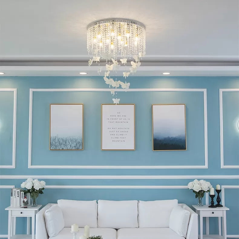 Romantic Butterfly Crystal Flush Ceiling Light for Shop - Round Metal White Ceiling Fixture