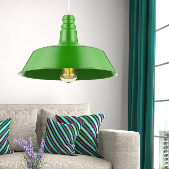 Industrial Style Metal Barn Pendant Lighting - 10/14 Inch Wide 1-Bulb Adjustable Cord Pink/Yellow