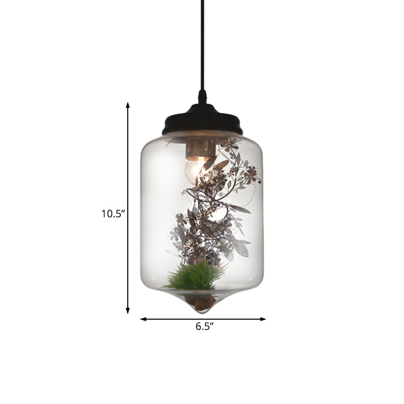 Contemporary 1 Light Hanging Lamp with Clear Glass Shade and Plant Decoration – Pendant Lamp in Multiple Shapes and Sizes