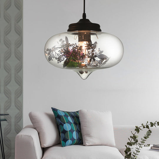 Contemporary 1 Light Hanging Lamp with Clear Glass Shade and Plant Decoration – Pendant Lamp in Multiple Shapes and Sizes